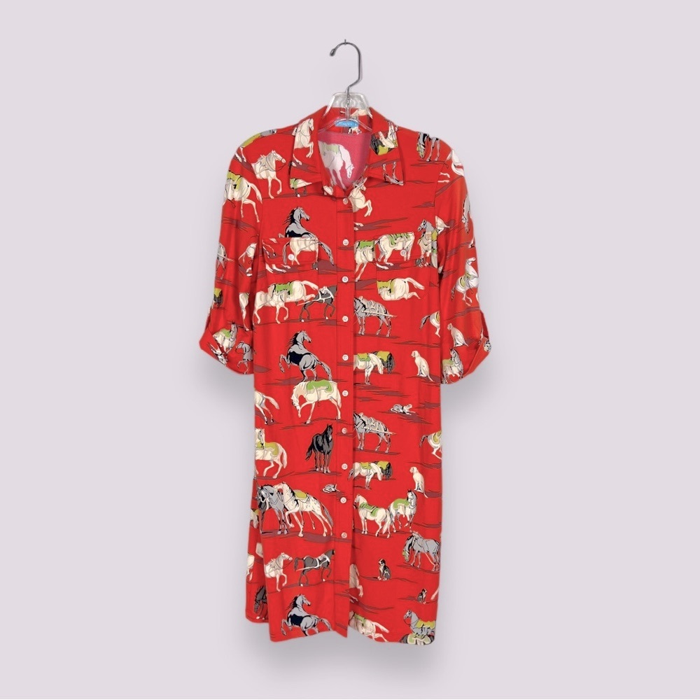 J. McLaughlin Coral Orange Horse Dress equestrian print size S shirt dress